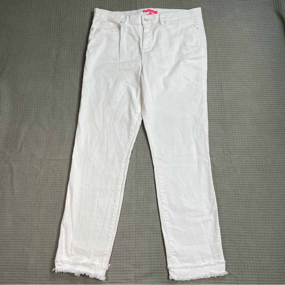 Lilly Pulitzer South Ocean Skinny Jeans 14‎ Womens White Fray Hem Resort Beach